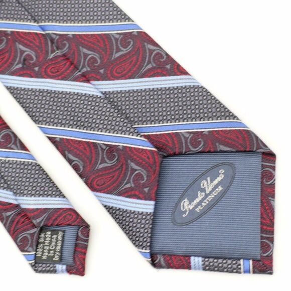 Pronto Uomo Red Gray Blue‎ Striped Paisley Striped Geometric Woven Long Silk Tie - Picture 6 of 7